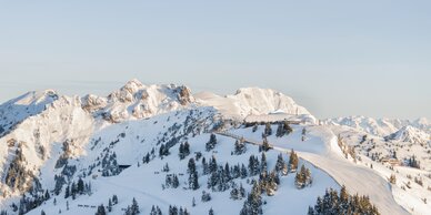 Verschneite Berge und Wälder mit präparierten Pisten, blauer Himmel und Lichtstimmung am späten Nachmittag. | © Dorfgasteiner Bergbahnen