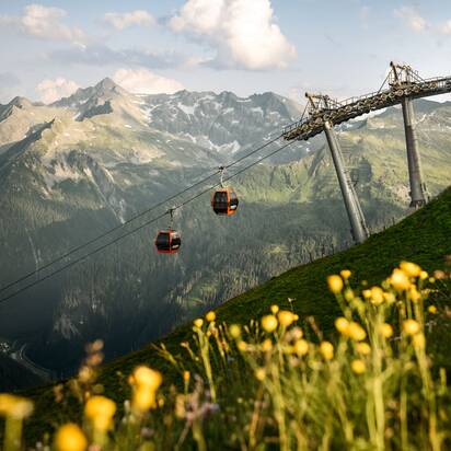 Zwei rote Gondeln der Gasteiner Bergbahnen über blühender Wiese und grünem Tal in Gastein | © Gasteiner Bergbahnen AG, Marktl Photography