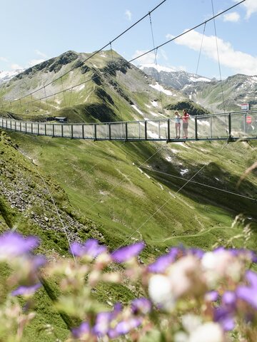 Two people on Stubnerkogel suspension bridge with blooming purple summer flowers in the foreground | © Gasteiner Bergbahnen, Marktl Photography