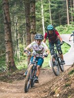 Mountainbiker fahren auf schmalem Flow Trail durch Wald mit Holzbrücken und Kurven