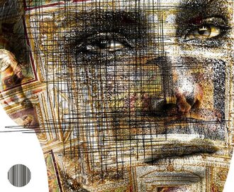 Abstraktes Porträt mit Gesichtszügen, Bergmotiven und grafischen Linien auf Weiß