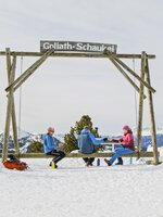 Skitourengeher sitzen auf großer Holzschaukel mit Ausblick auf verschneite Bergwelt