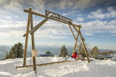 Person in roter Jacke schaukelt auf Holzschaukel mit Alpenpanorama im Hintergrund. | © Lorenz Masser