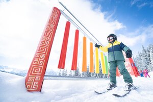 Child skis past coloured bars and touches them with a stick | © Josh Absenger