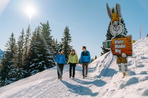 Drei Wanderer gehen am Winterwanderweg vorbei, begleitet von Hopsi-Maskottchen. | © Christine Höflehner