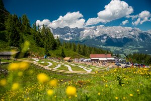 Family-friendly junior bike trails on Reiteralm with blooming meadow, alpine hut, kids riding bikes and Dachstein range behind. | © Reiteralm Bergbahnen