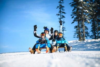 Der Vater und die Mutter sitzen jeweils auf einer Rodel mit einem Kind davor und halten die Hände voll freudiger Erwartung nach oben
