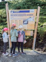 Drei Kinder mit Wanderpässen betrachten Infotafel über das Schneehuhn beim Erlebnisweg in Zauchensee. | © Matthias Fritzenwallner