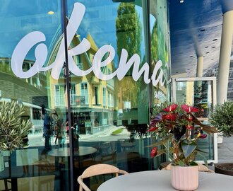 Schriftzug okema auf einer Glasfront und einem Tisch mit einer Blume | © Stefflbäck | okema