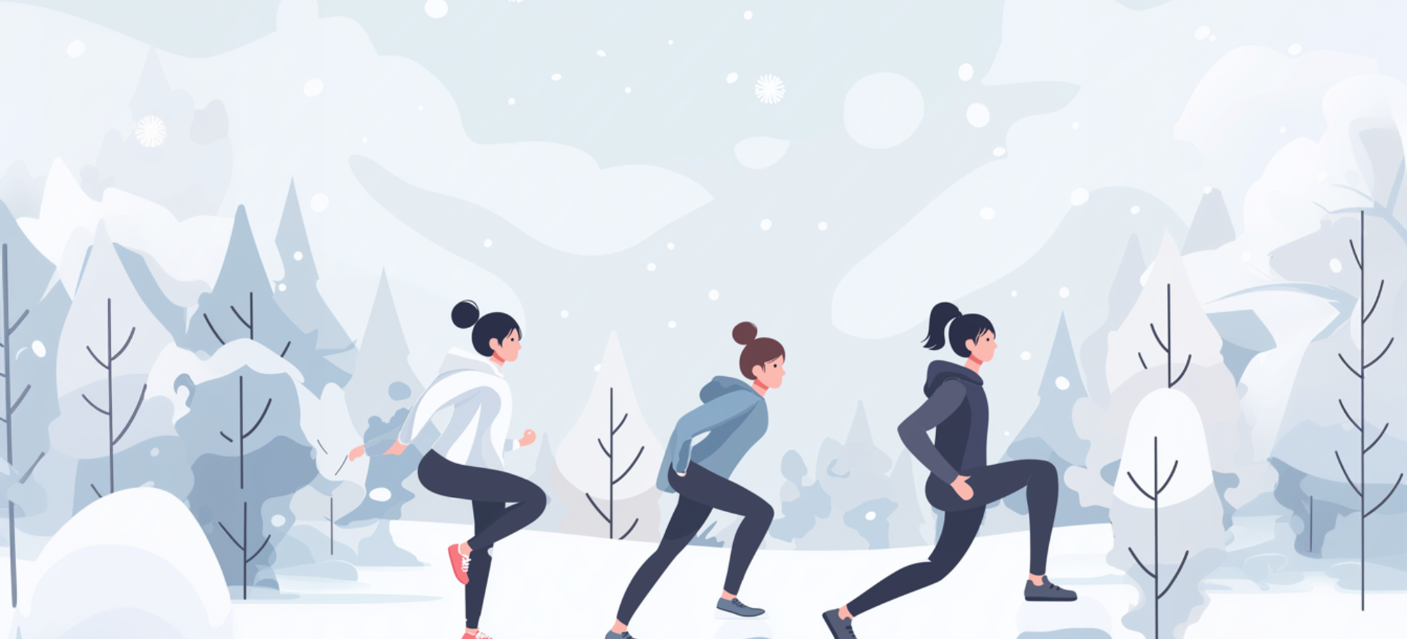 Vector illustration of three women training in sportswear in a snowy winter forest landscape
