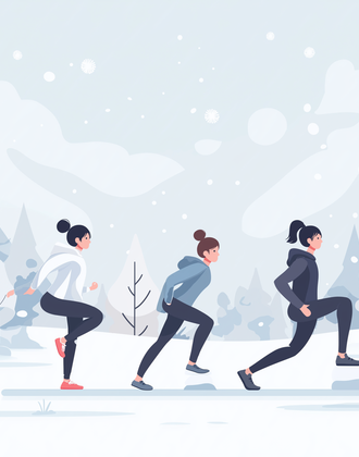 Vector illustration of three women training in sportswear in a snowy winter forest landscape