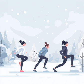 Vektorillustration von drei sich bewegende Frauen in Sportkleidung bei Schnee in einem verschneiten Winterwald