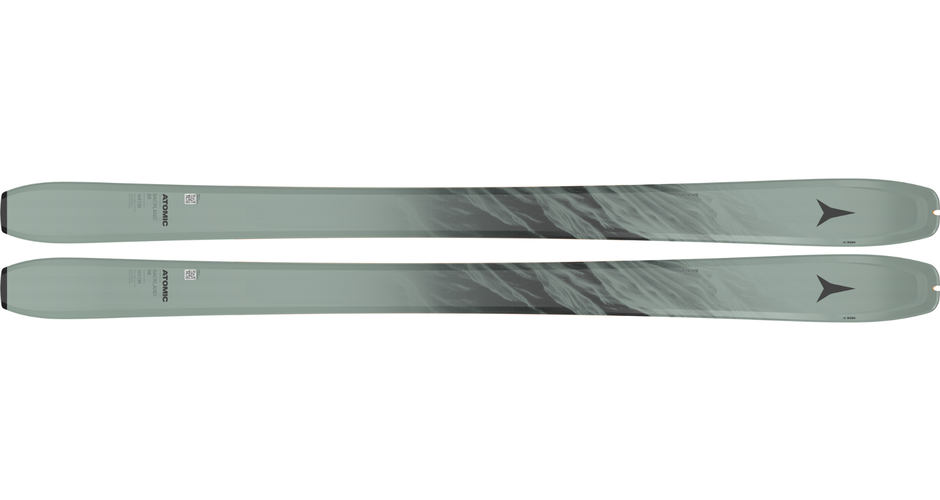 Two green-grey Atomic Backland 88 touring skis with black pattern side by side on white background | © Atomic