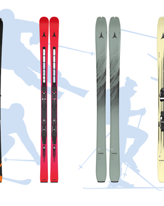 Six pairs of Atomic skis side by side, models for piste, all-mountain, touring and freestyle on white-blue background