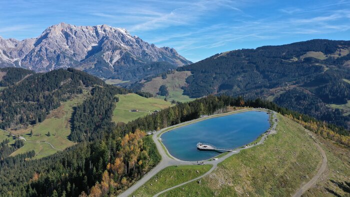 Drone footage Prinzensee | © Hochkönig Lake Prinzensee at Natrun is photographed from above with a drone. In the background you can see the Hochkönig massif. | © Hochkönig