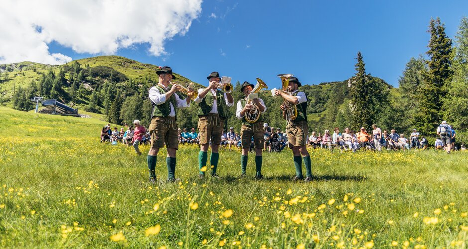 4 musicians are standing on a meadow playing brass instruments and many people are sitting in the background | © Gerald Grünwald