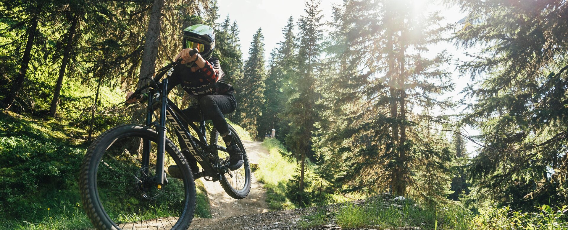 Mountainbiker fährt mit Schwung über Trail im Bikepark Schladming, Sonnenlicht fällt durch die Bäume. | © Bartek Pawlikowski