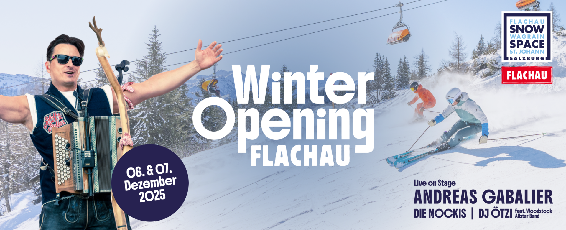 Skiers on slope, left Andreas Gabalier with accordion, event info shown on banner | © Flachau Tourismus