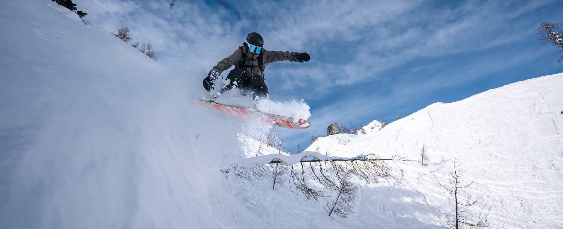 Snowboarder springt beim Freeriden über Pulverschnee-Abhang mit Bäumen im Gelände Zauchensee | © Liftgesellschaft Zauchensee/C.Schartner