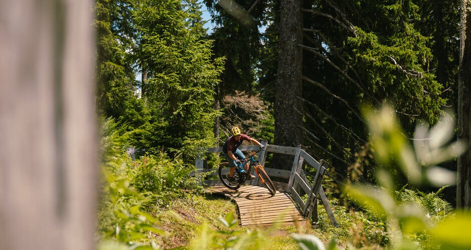 Ein Mountainbiker fährt über eine Holzbrücke im Wald bei der Bürglalmbahn in Dienten auf einem Downhill-Trail | © Hochkönig Bergbahnen