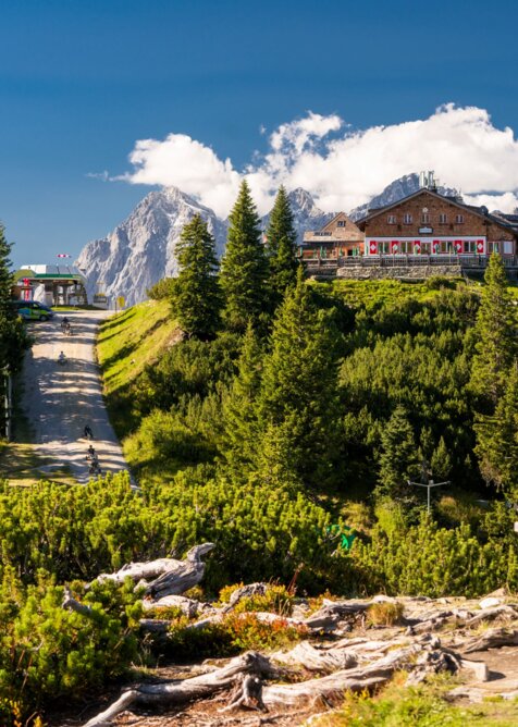 Almhütte auf der Hochwurzen mit Terrasse, umgeben von Wald, Bergen und klarer Sommerluft unter blauem Himmel. | © Christine Höflehner