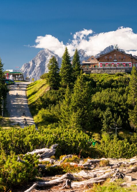 Alpine hut on Hochwurzen with terrace, surrounded by forest, peaks and fresh summer air under a blue sky. | © Christine Höflehner