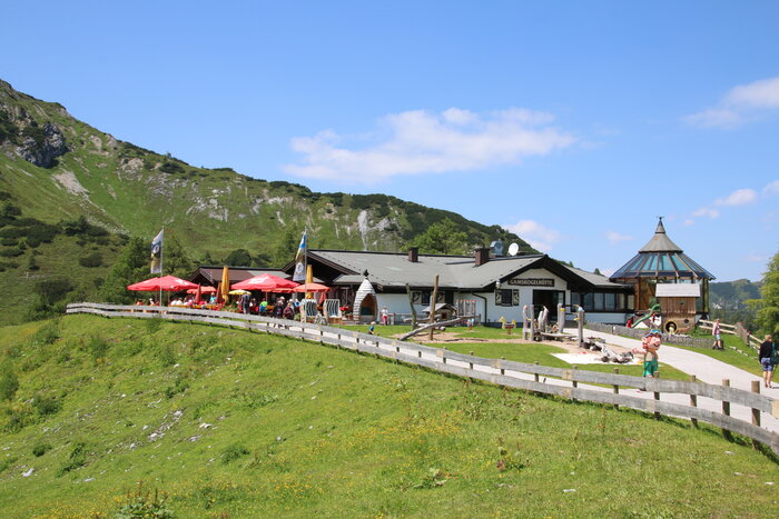 Gamskogelhütte mit Sonnenterrasse und Spielbereich in Zauchensee. Sommerliche Gamskogelhütte mit Sonnenschirmen, Spielbereich und Blick auf die grünen Hänge bei Zauchensee.
