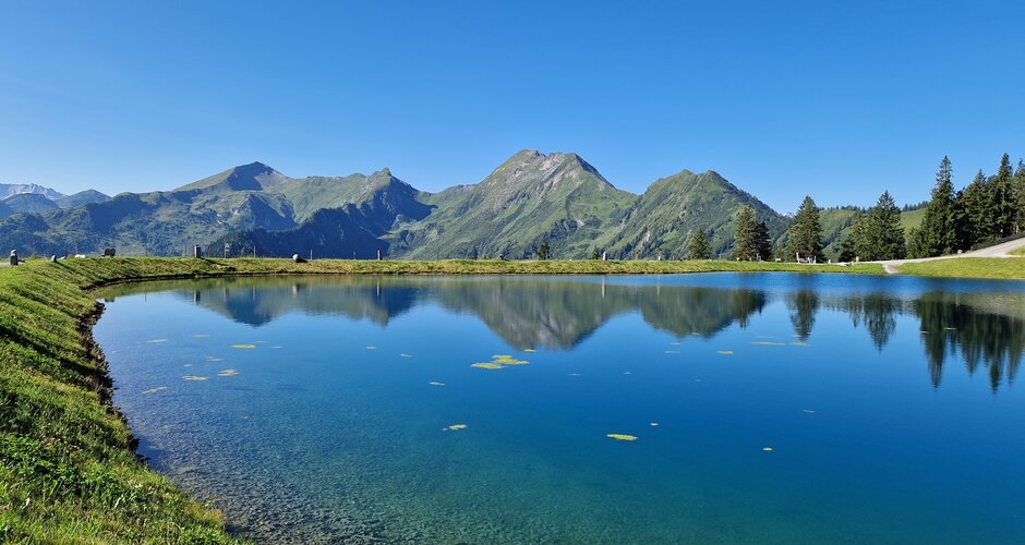 Himmelreichsee mit glasklarem Wasser, Spiegelung der Berge, grünem Ufer und tiefblauem Himmel an einem Sommertag. | © TVB Großarltal