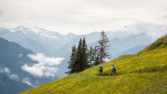 Zwei Mountainbiker auf einem schmalen Trail durch eine Almwiese, im Hintergrund hohe Berge mit Schnee und Nebelschwaden. | © Erwin Haiden
