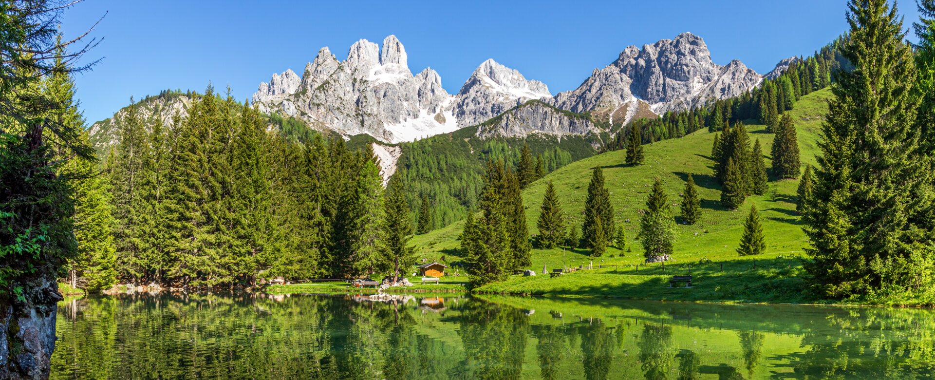 Kristallklarer Almsee mit Spiegelung der Bischofsmütze, grüner Wiese und Nadelwald im Sommer in der Region Filzmoos | © CoenWeesjes