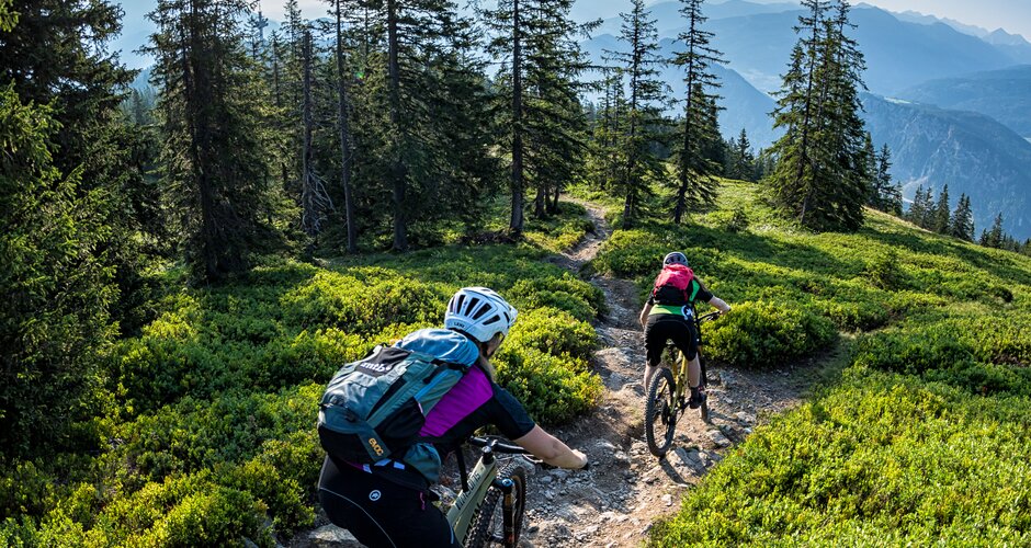 Zwei Mountainbiker fahren einen schmalen, kurvigen Trail durch alpinen Nadelwald mit Blick auf Berge und weiten Horizont | © Dennis Stratmann | Filzmoos Tourismus