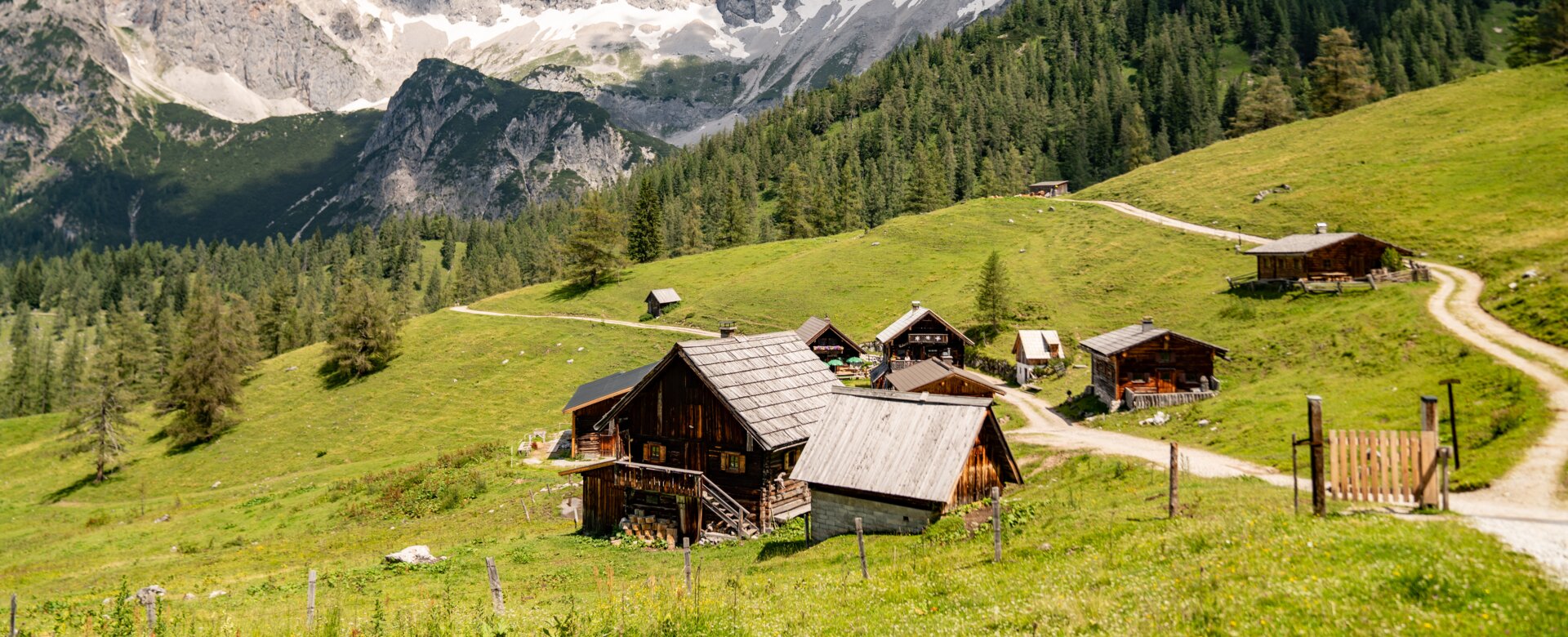 Traditional alpine huts of Neustattalmen on green meadows with the striking Dachstein massif towering in the background | © Schladming-Dachstein