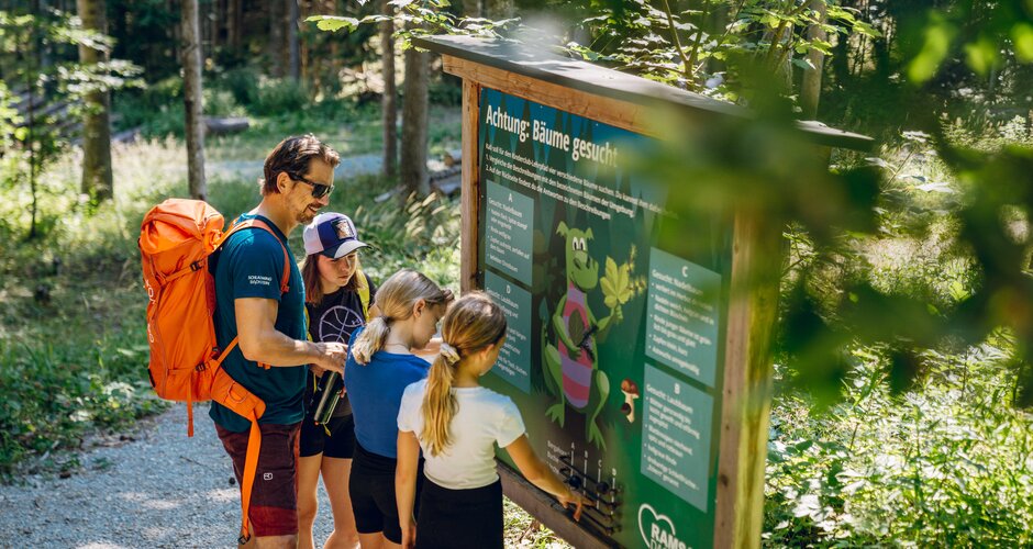 Ein Mann mit Rucksack und drei Kinder lesen eine Infotafel an einem Waldweg in Ramsau am Dachstein | © TVB Schladming-Dachstein, Christine Höflehner