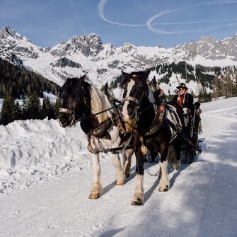 Ein Pferdeschlitten mit zwei Pferden zieht durch die verschneite Berglandschaft. | © Chris Perkles