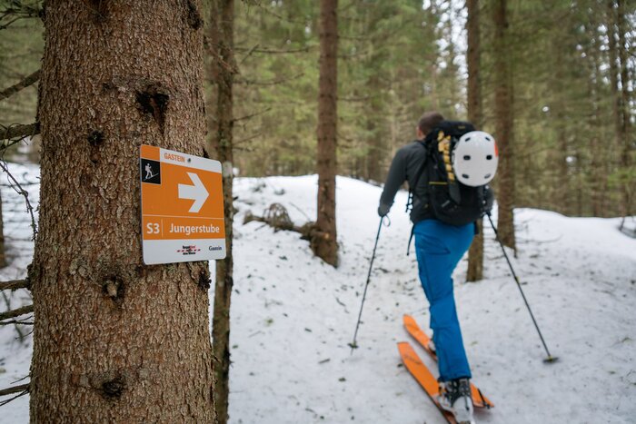 Skitour Jungerstube entlang Route S3 im Gasteinertal | © Gasteinertal Tourismus GmbH, Christoph Oberschneider Skitourengeher folgt der beschilderten Route S3 durch den verschneiten Wald | © Gasteinertal Tourismus GmbH, Christoph Oberschneider