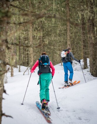 Zwei Skitourengeher steigen durch lichten, moosbewachsenen Wald mit Schnee am Boden | © Gasteinertal Tourismus GmbH, Christoph Oberschneider