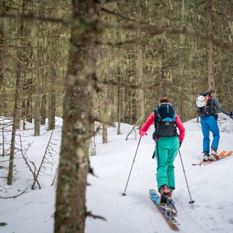 Zwei Skitourengeher steigen durch lichten, moosbewachsenen Wald mit Schnee am Boden | © Gasteinertal Tourismus GmbH, Christoph Oberschneider