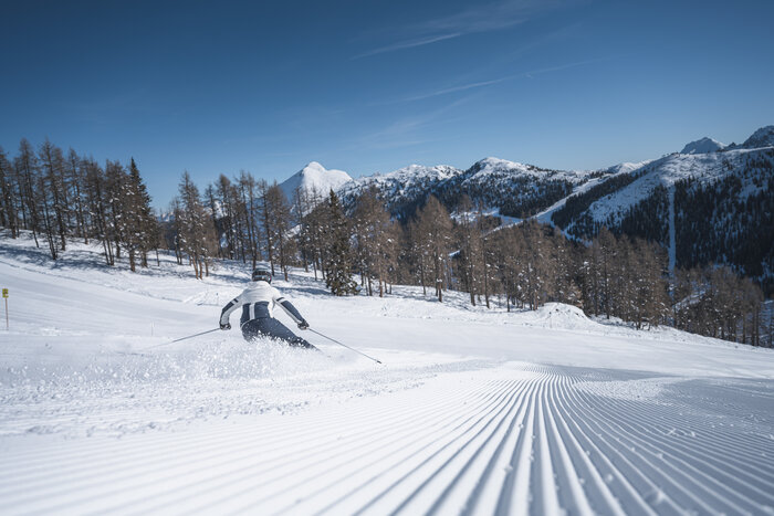 Skifahrerin carvt durch Pulverschnee mit Bergpanorama Skier carving through powder with mountain backdrop