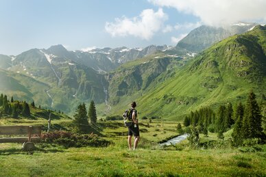 A hiker with backpack stands on an alpine meadow in Sportgastein, overlooking a green valley with stream and mountain view | © Gasteiner Tourismus GmbH, Michael Königshofer