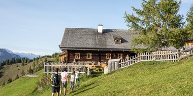 Vier Wanderer steigen zur urigen Almhütte im Großarltal auf, umgeben von grüner Berglandschaft und weiter Sicht auf Alpengipfel | © Lorenz Masser