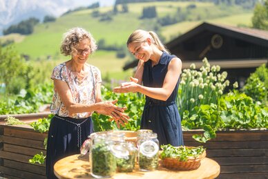 Two women examine herbs at a table with jars and a basket in front of raised beds, a house and green hills. | © Hochkönig Tourismus GmbH