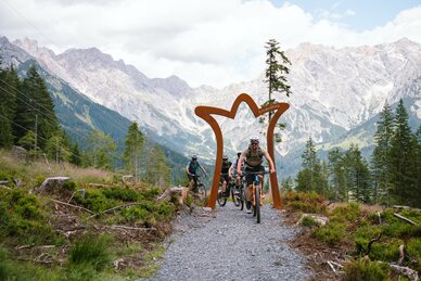 Vier Mountainbiker fahren auf einem Schotterweg durch einen Torbogen vor Felsbergen und Tannen in der Region Hochkönig. | © Hochkönig Tourismus GmbH