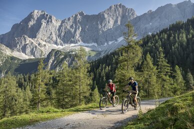 Zwei Mountainbiker fahren auf einem Schotterweg durch Almgelände vor Wald und hellem Felsmassiv unter blauem Himmel | © Lorenz Masser