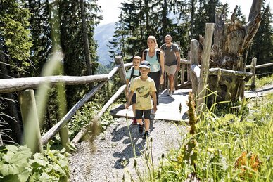 Eine Familie mit zwei Kindern wandert über einen schmalen Waldweg mit Holzgeländer. Sonnenschein und grüne Natur umgeben sie. | © Salzburger Sportwelt/MirjaGeh