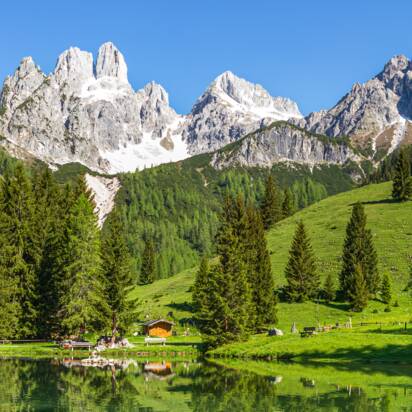 Kristallklarer Almsee mit Spiegelung der Bischofsmütze, grüner Wiese und Nadelwald im Sommer in der Region Filzmoos | © CoenWeesjes