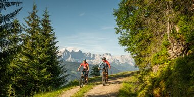 Two mountain bikers ride on a forest trail with a view of the Dachstein massif, surrounded by green trees and meadows. | © Altenmarkt-Zauchensee Tourismus/Lorenz Masser